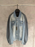 Light blue denim jacket with charcoal sleeves and button-front