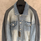Denim-and-charcoal jacket front with spread collar and chest flap pockets