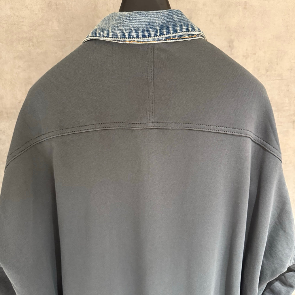 Charcoal jacket back with contrast denim collar and yoke seam