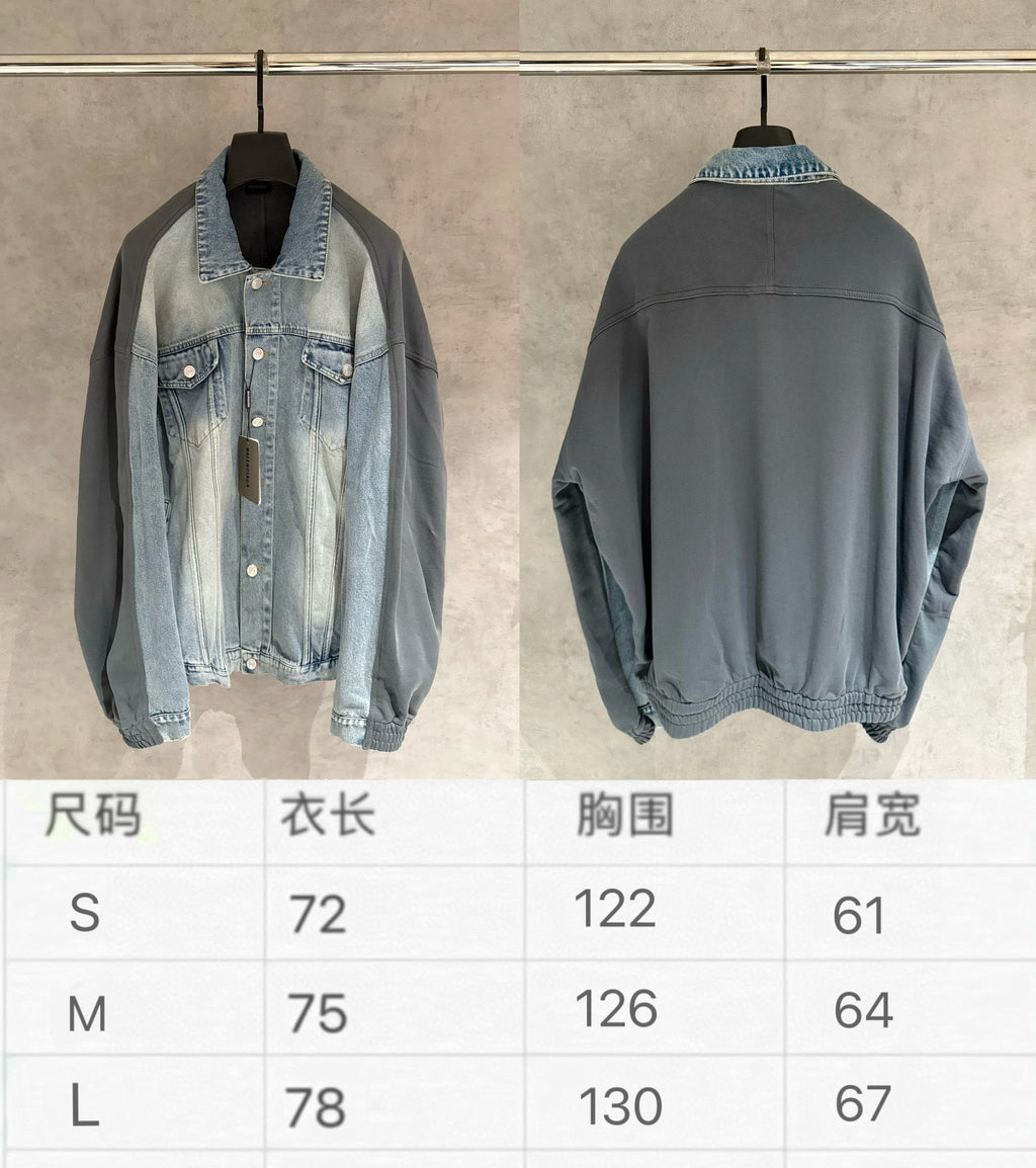 Denim-and-charcoal jacket front and back on hangers with size chart