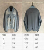 Denim-and-charcoal jacket front and back on hangers with size chart