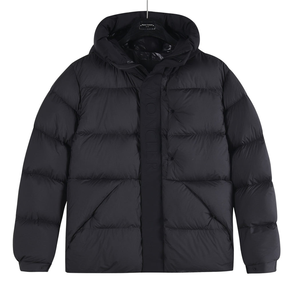 Black long puffer jacket with hood, quilted front and button placket