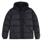 Black long puffer jacket with hood, quilted front and button placket
