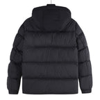 Long puffer jacket with hood, quilted panels, dark color