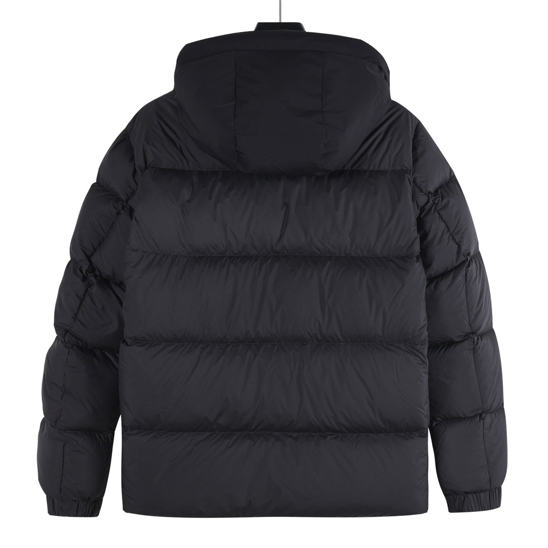 Long puffer jacket with hood, quilted panels, dark color