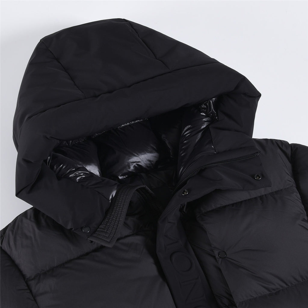 Puffer jacket hood and front placket with snap buttons, dark color