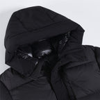Puffer jacket hood and front placket with snap buttons, dark color