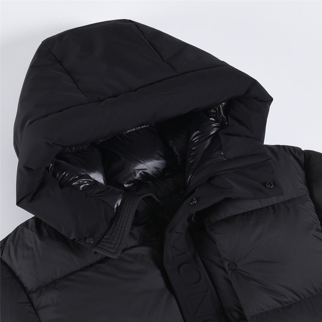 Puffer jacket hood and front placket with snap buttons, dark color