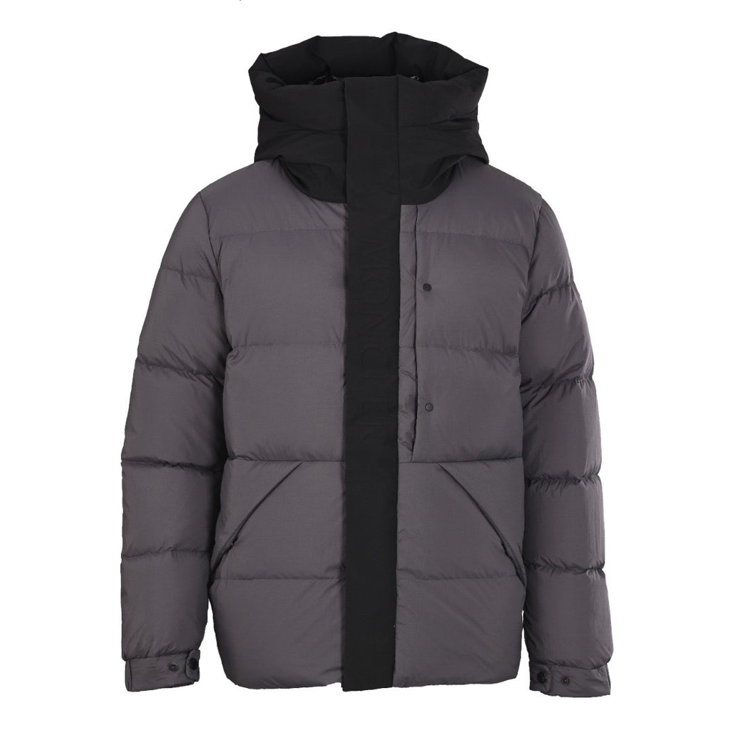 Long puffer jacket with hood, dark gray body and black front placket