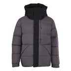 Long puffer jacket with hood, dark gray body and black front placket