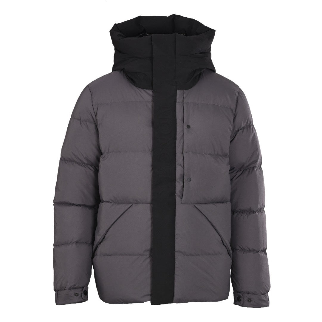 Long puffer jacket with hood, dark gray body and black front placket