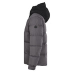 Dark gray long puffer jacket, side view with quilted padding and hood