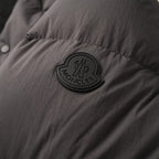 Long puffer jacket patch logo on front, with quilted fabric and button