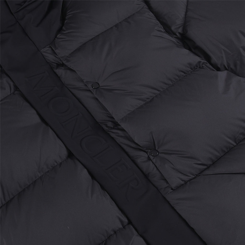 Quilted puffer jacket front with buttoned placket, dark color