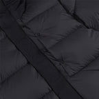 Quilted puffer jacket front with buttoned placket, dark color