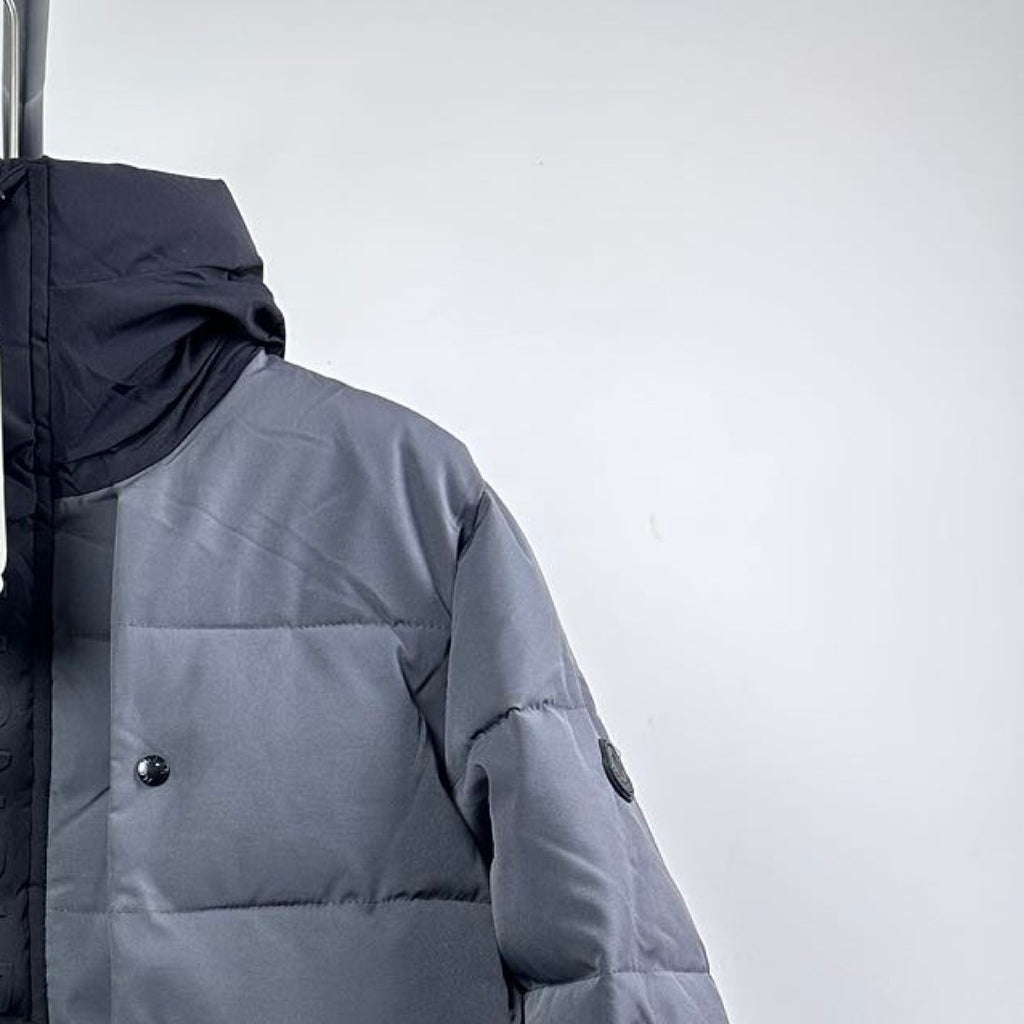 Moncler long puffer jacket sleeve and front panel, dark gray, with buttoned chest pocket