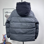 Moncler hooded puffer jacket, dark gray, back view with quilted padding and full sleeves