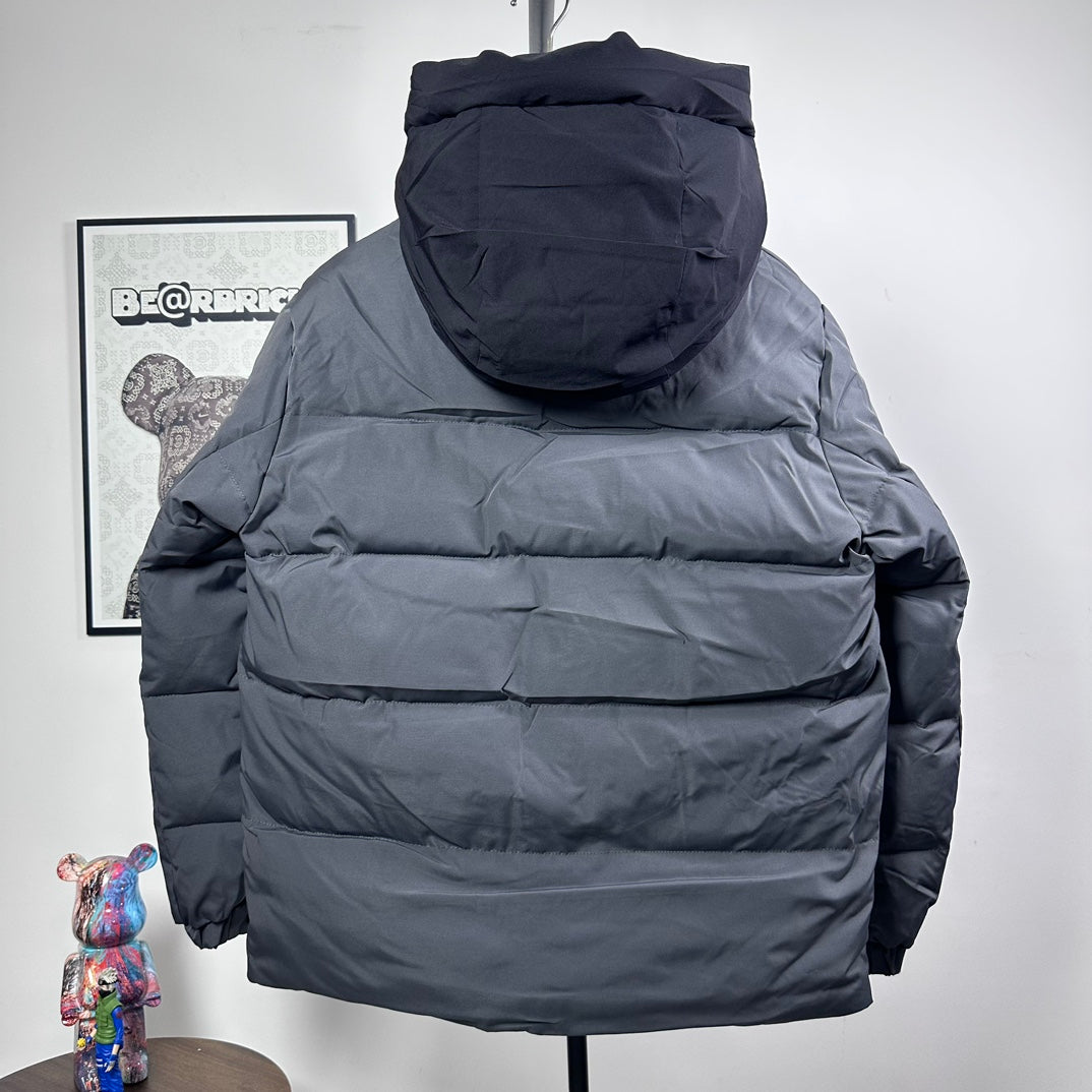 Moncler hooded puffer jacket, dark gray, back view with quilted padding and full sleeves