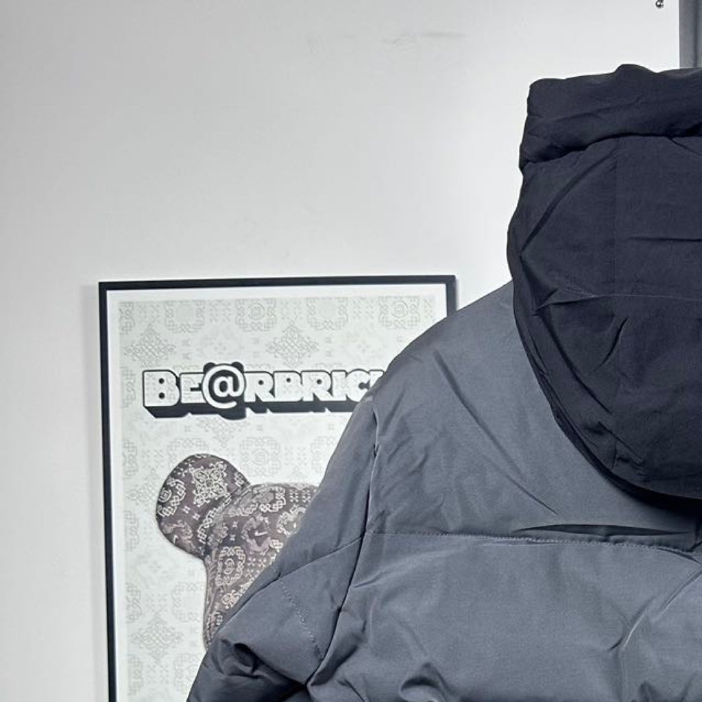 Moncler hooded puffer jacket upper back detail, dark gray with rounded hood shape
