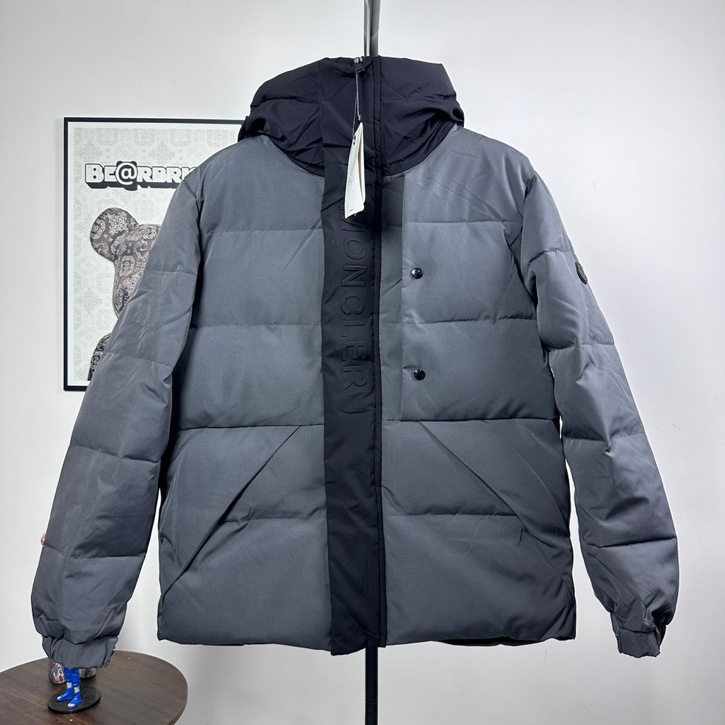 Moncler long puffer jacket, dark gray, hooded with full front zip and snap placket