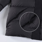 Puffer jacket hem with pocket flap and snap detail, dark color
