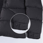 Puffer jacket cuffs with snap tabs and elastic, dark color