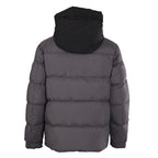 Dark gray long puffer jacket, back view with large hood and quilted panels