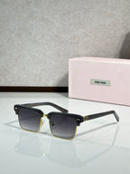 Square sunglasses with black frame and gold hinges, dark blue tinted lenses, slim temples