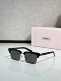 Square sunglasses with black frame, gold accents, dark tinted lenses, slim temples