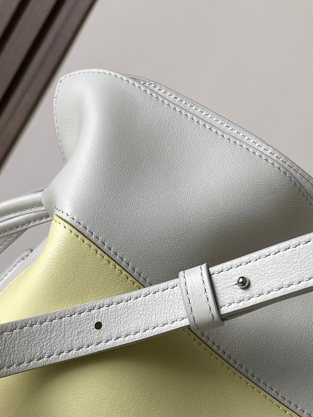 Loewe bag strap detail with stitched seams and metal buckle hardware