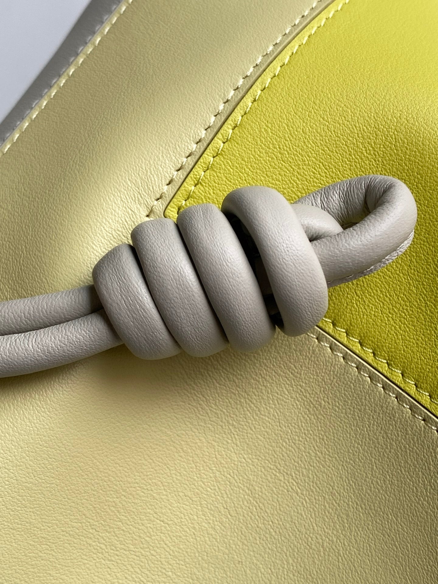 Loewe bag close-up of lime leather with white rope handle wrap and stitching