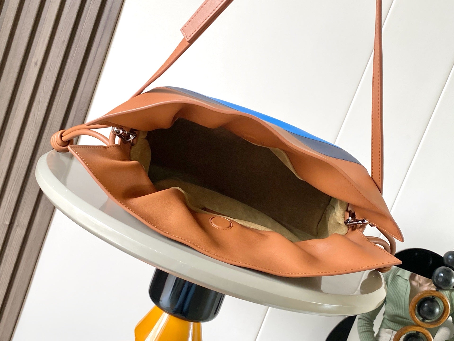 Loewe bag open top with tan interior lining and leather shoulder strap