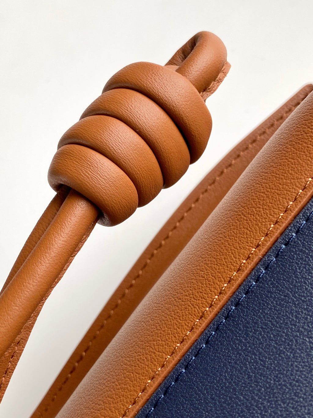 Loewe bag close-up of braided tan cord handle and leather shoulder strap
