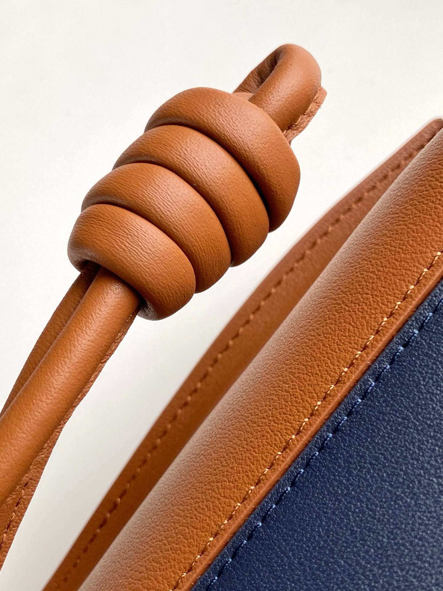 Loewe bag close-up of braided tan cord handle and leather shoulder strap