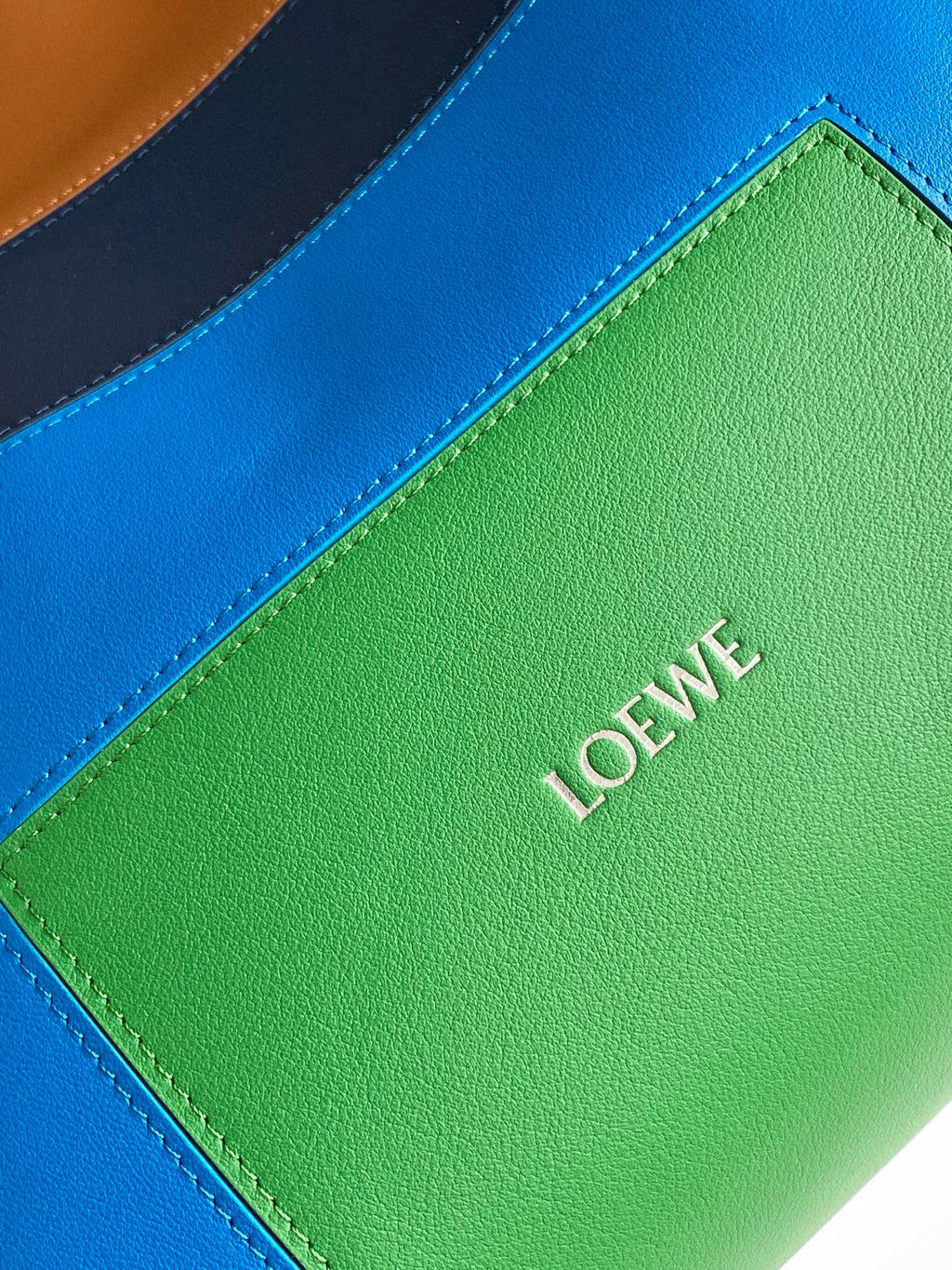 Loewe bag detail of green leather panel bordered by blue with LOEWE branding