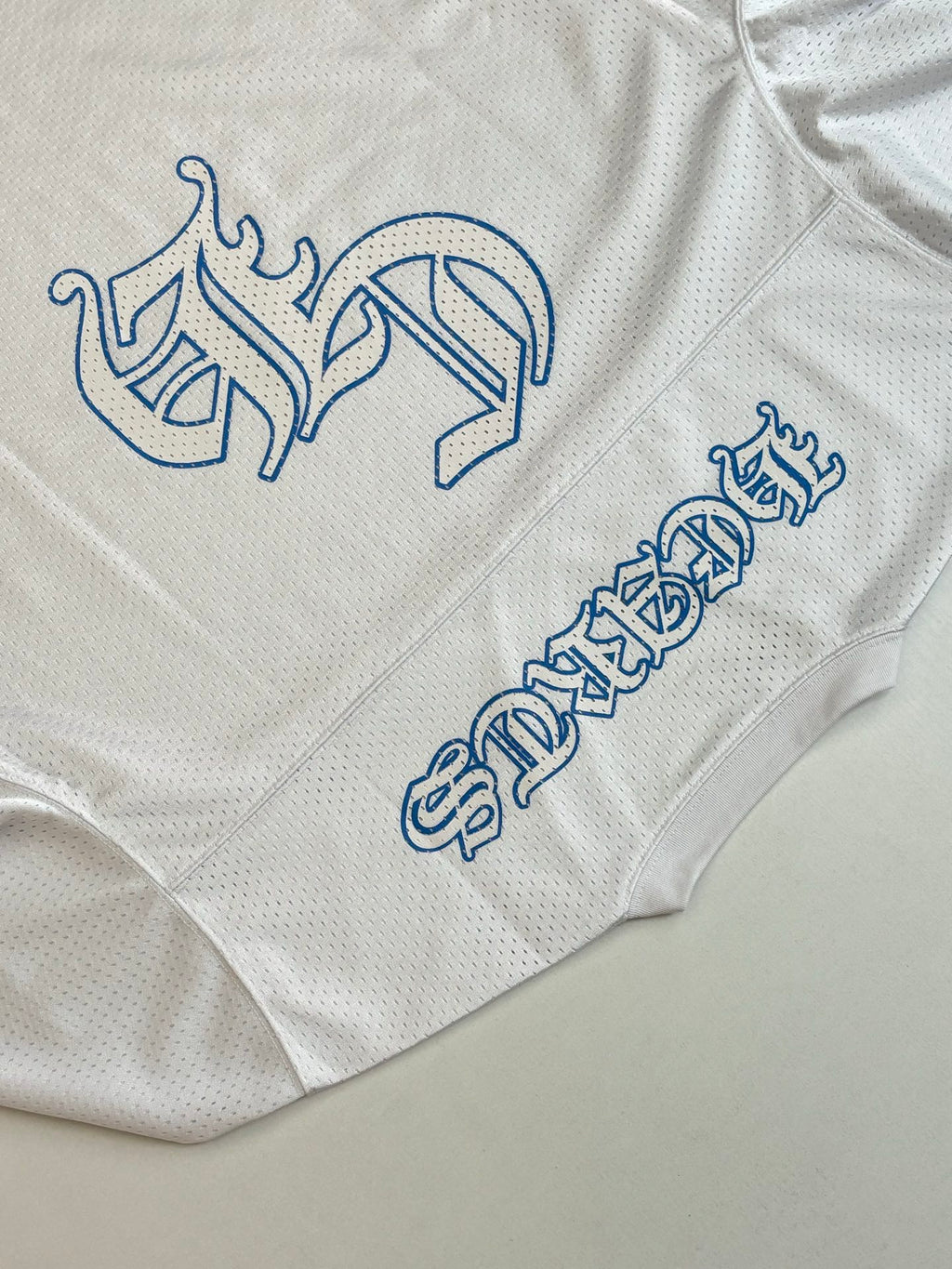 White long-sleeve jersey close-up with blue animal and lettering graphics