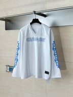 White long-sleeve V-neck jersey with blue sleeve scroll graphics