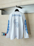 White long-sleeve V-neck jersey, back view with blue text and crest graphic