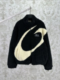 Black shearling-style jacket with off-white diagonal stripe and Balenciaga logo