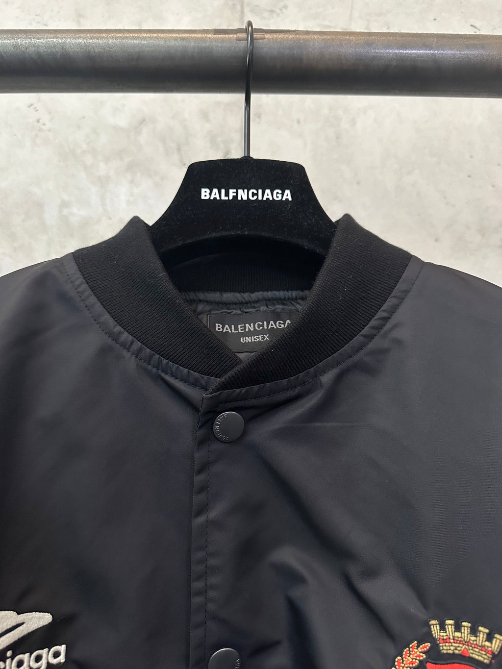Balenciaga bomber jacket with snap button placket and ribbed knit collar