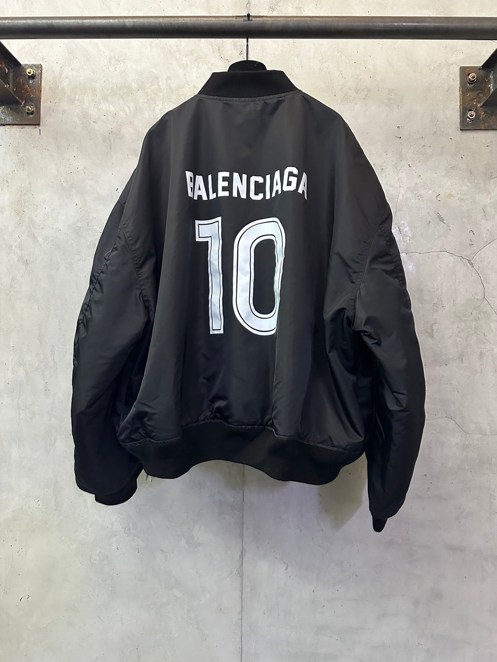 Balenciaga black bomber jacket with large '10' back print and button front