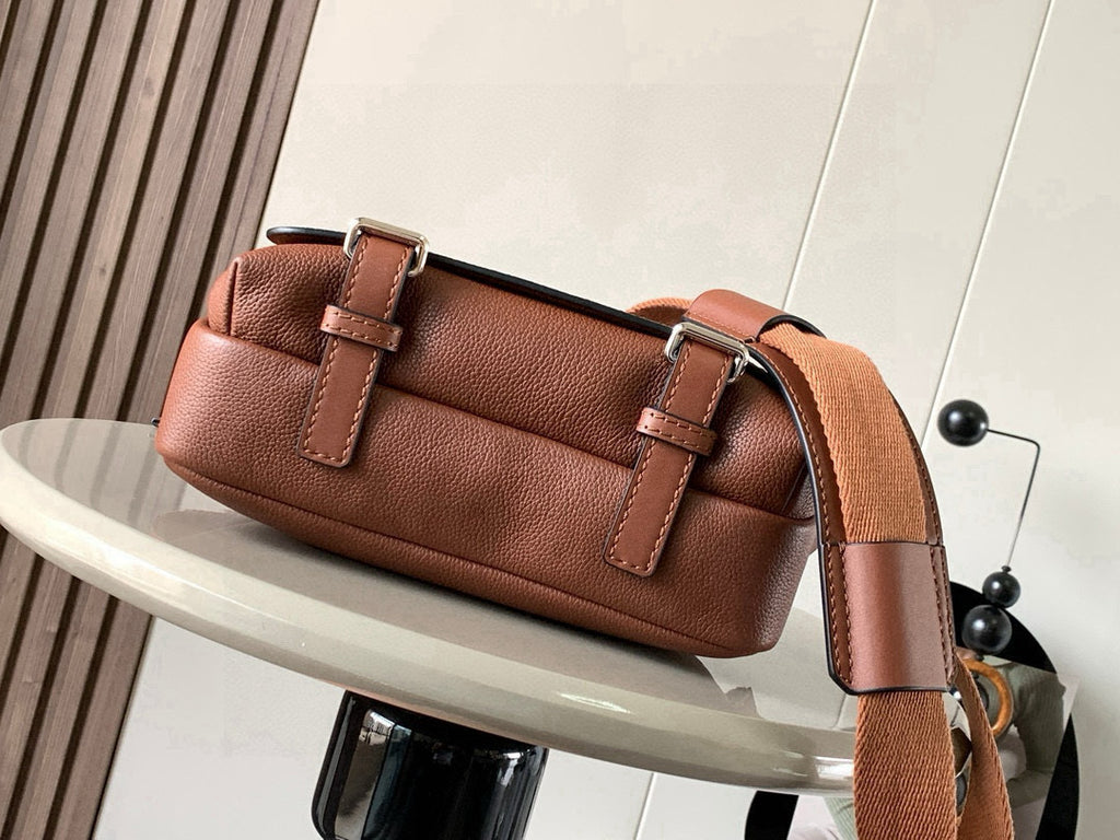 Loewe men's leather belt bag with double buckle straps and top handle