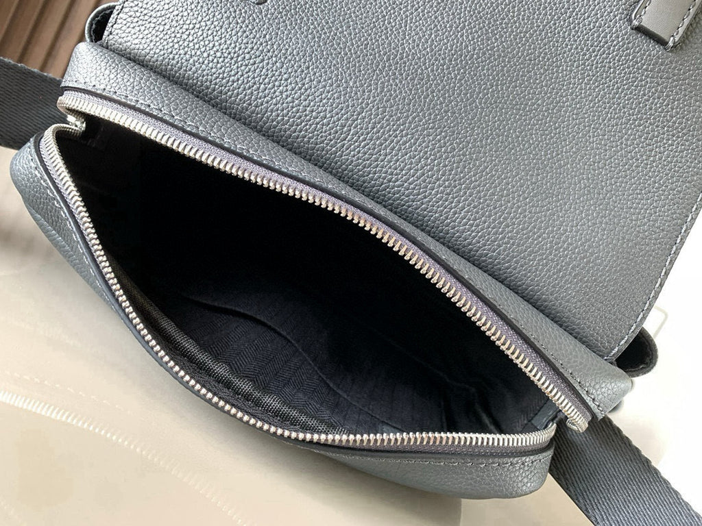Loewe men’s dark gray bag interior view with top zip and stitched edge