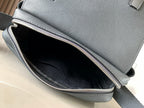 Gray leather crossbody bag open top with black interior and gold zipper