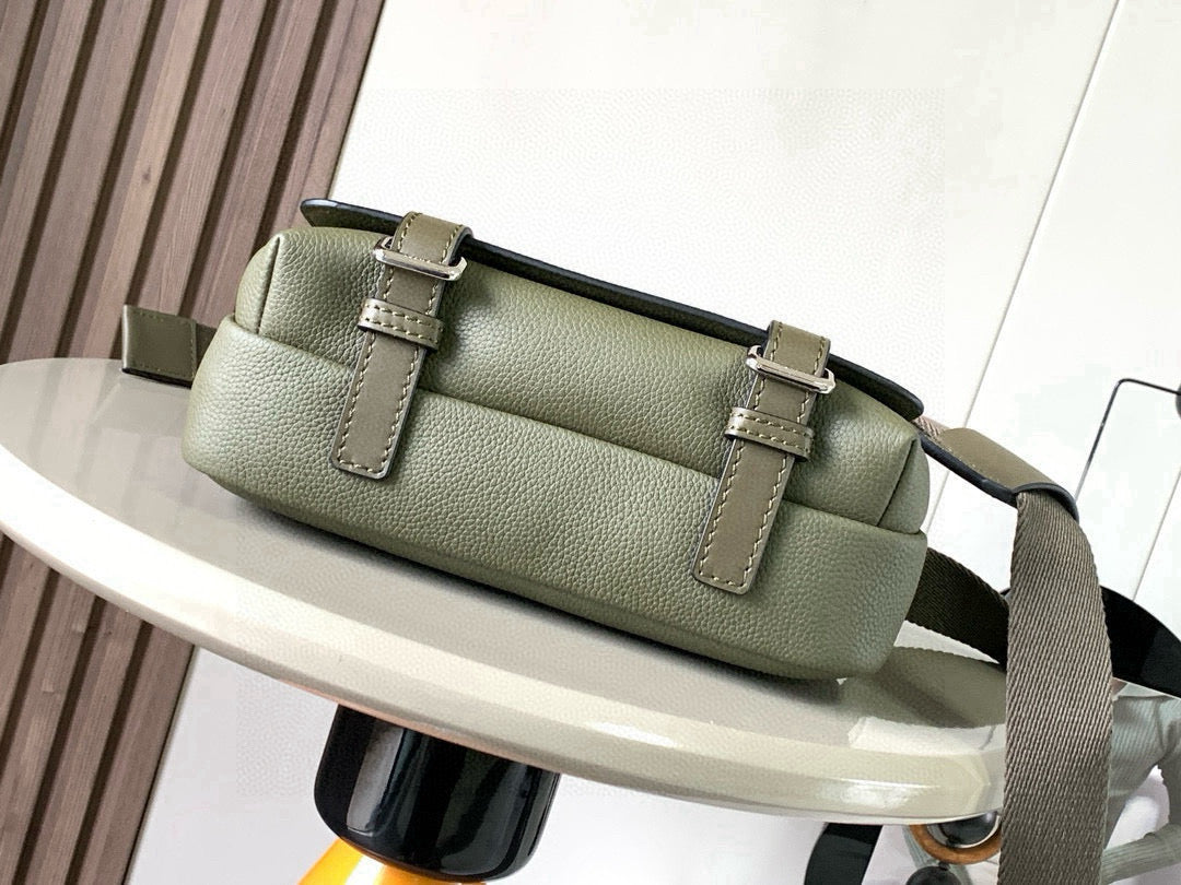Loewe men olive leather belt bag, long straps with top buckle details