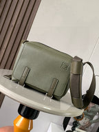 Loewe men olive crossbody bag, textured leather flap with buckles and front straps