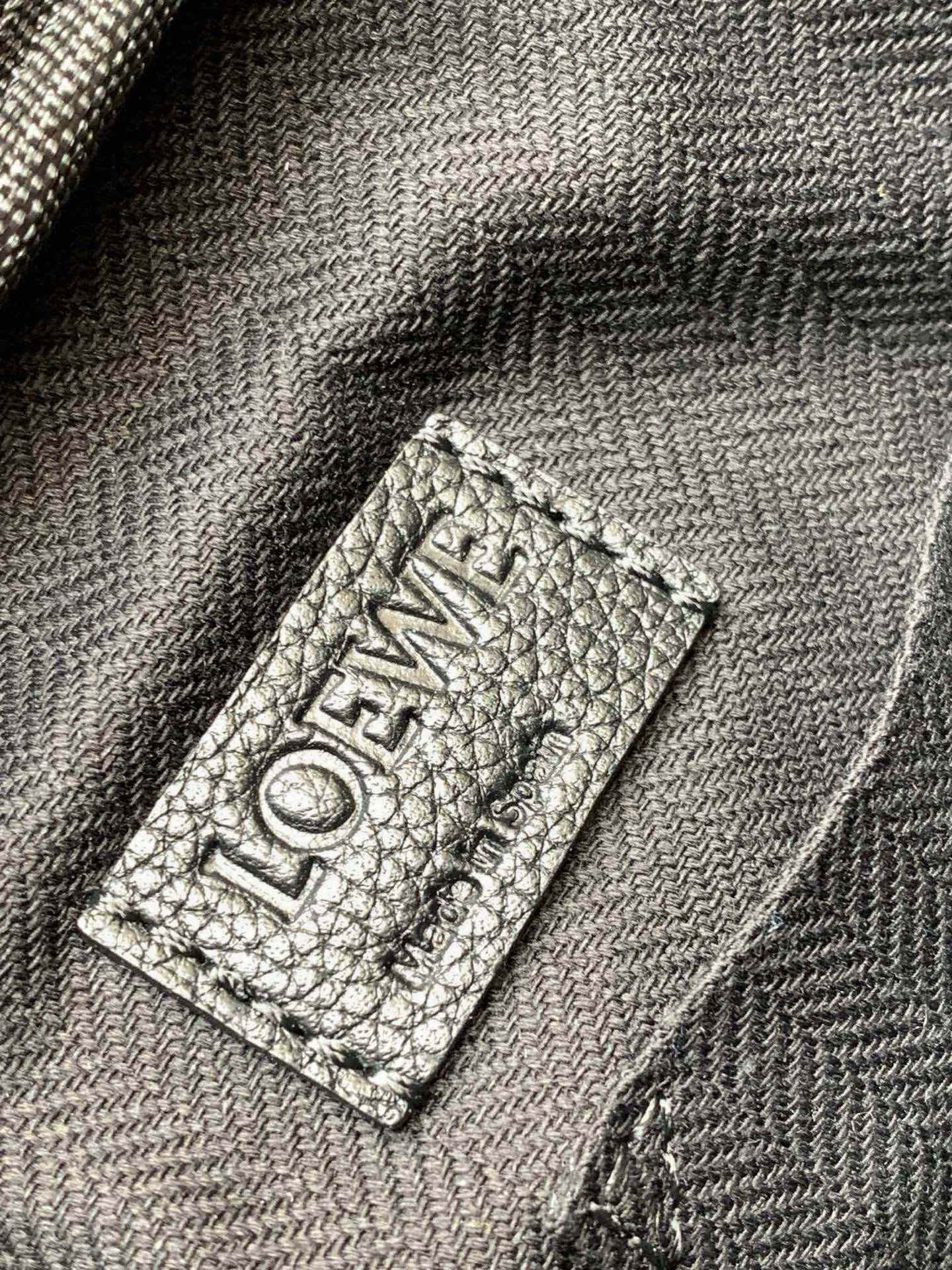 Loewe bag close-up: embossed LOEWE leather label on woven fabric.