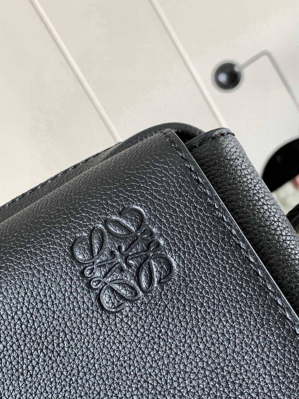Loewe bag close-up: embossed logo on textured dark leather front panel.