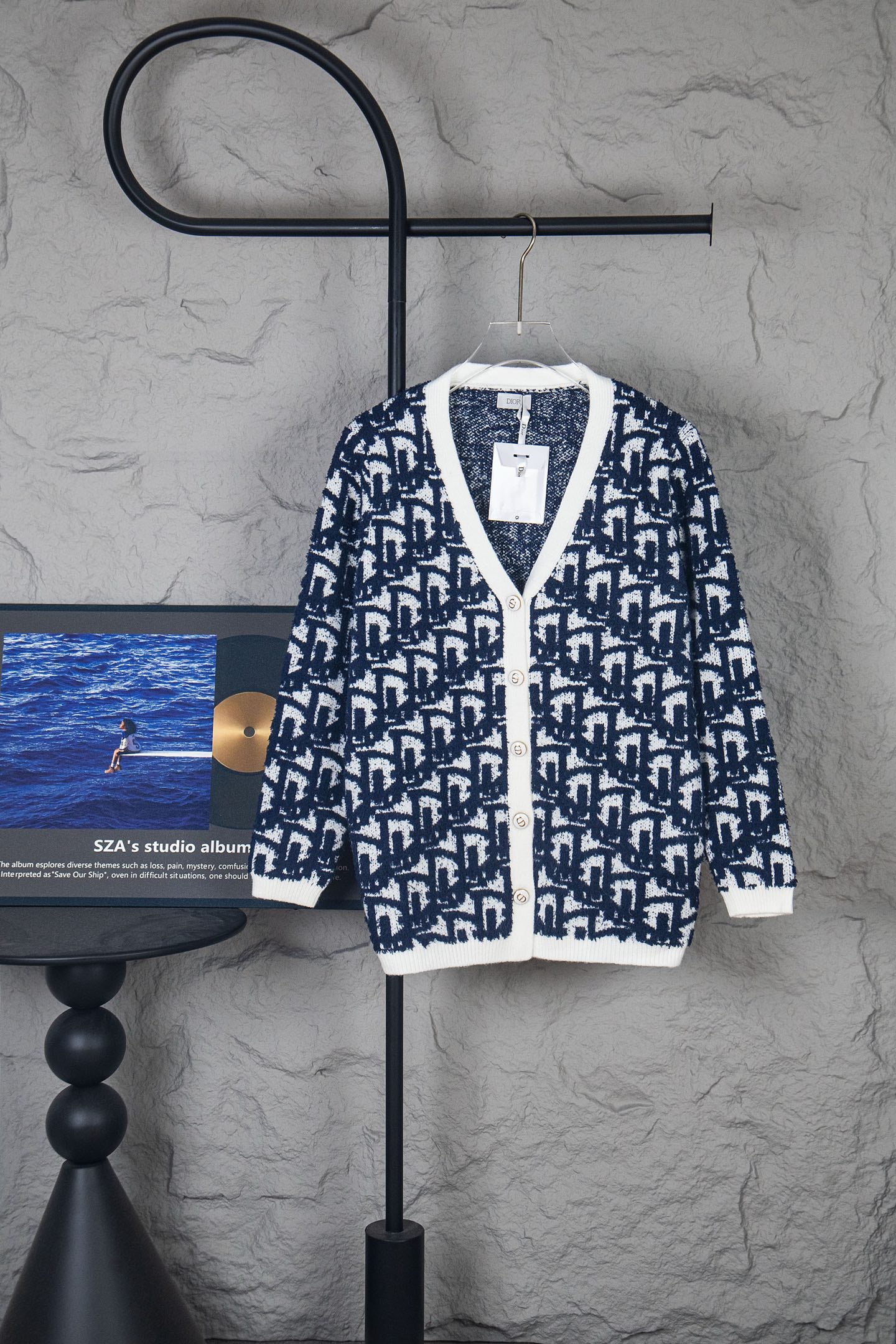 Dior long-sleeve knit cardigan in navy and white pattern, V-neck and button front