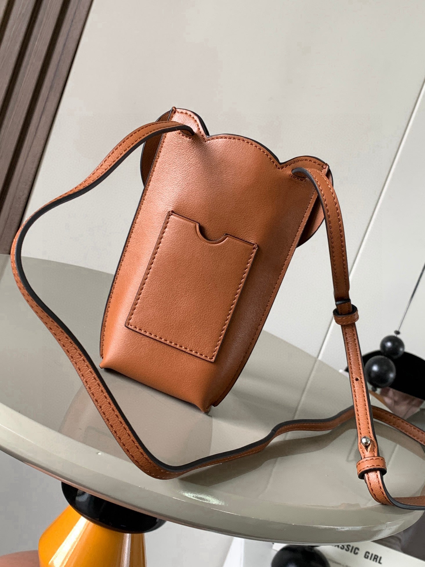 Loewe small leather crossbody bag, tan-brown, with long adjustable strap